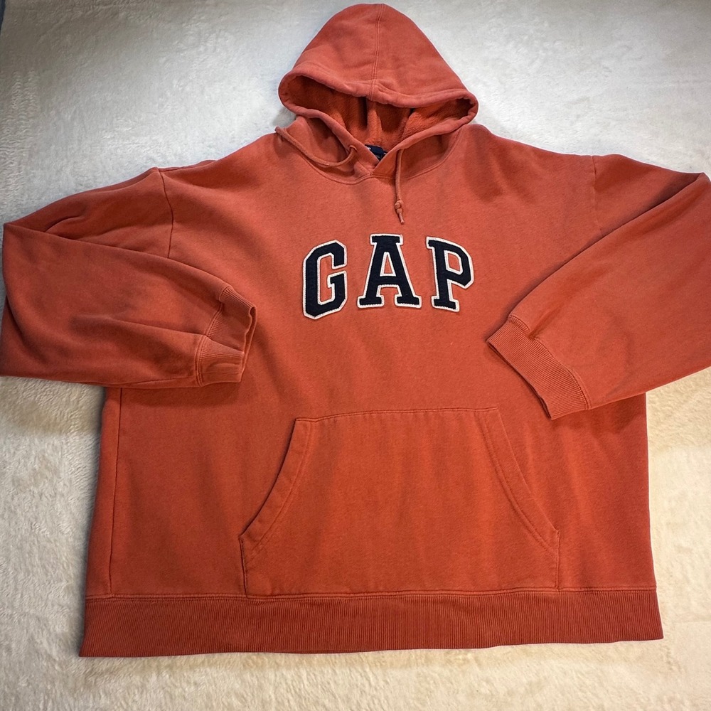 Gap Mens Hoodie XL Orange Blue Arch Logo Pullover Fleece Sweatshirt 396632